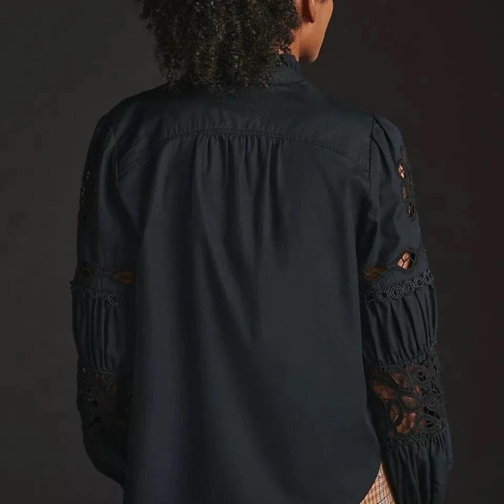 Anthropologie‎ Black Lace Eyelit Long Sleeve Button Down Collared Shirt Size S - Picture 4 of 8
